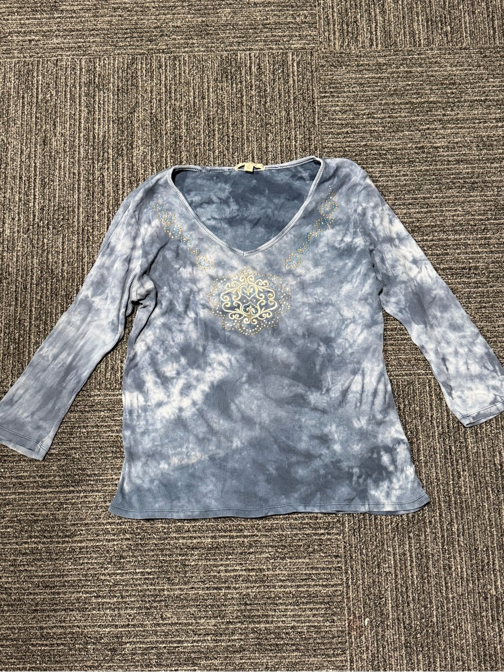 Women's Blue Tie-Dye V-Neck Blouse with Gold Embellishment